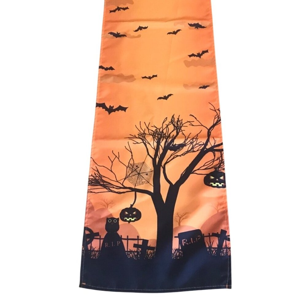 Halloween Table Runner Spooky Trees & Bats 57 x 13" Orange & Black Fabric
